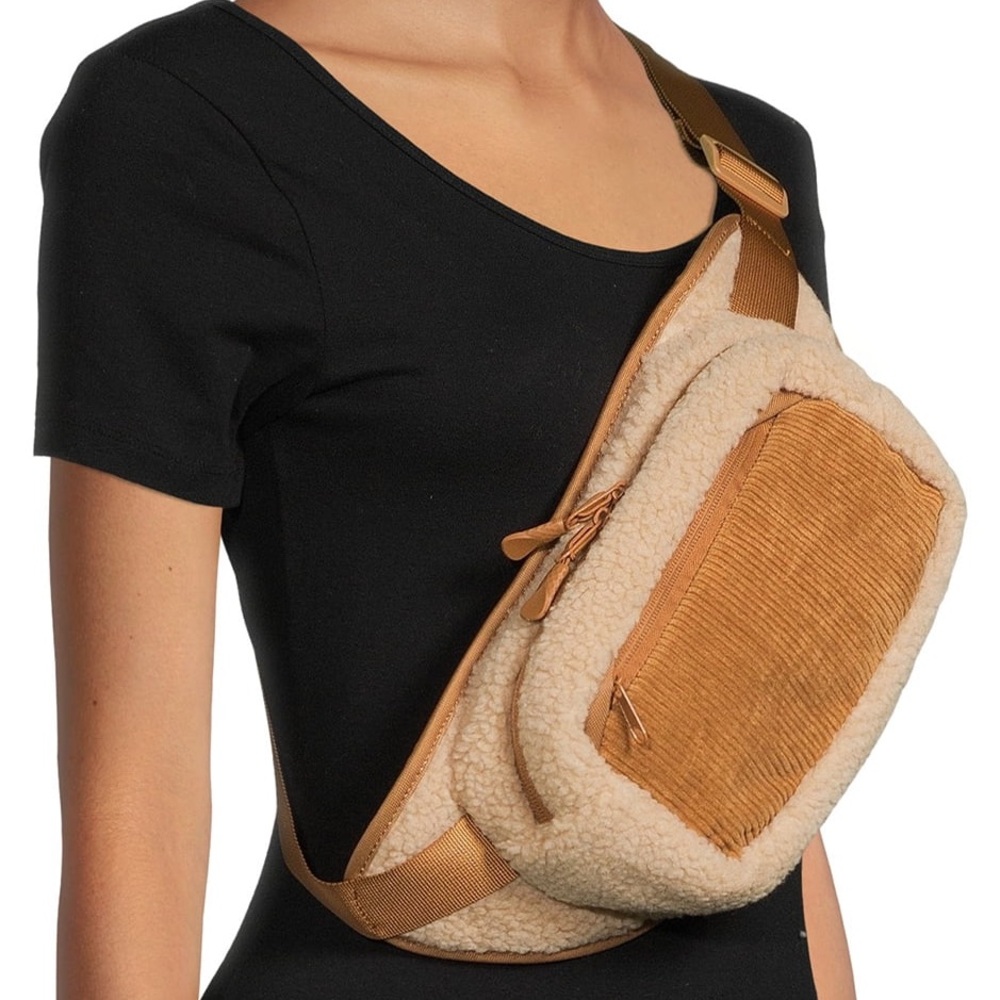 Fanny Pack Fuzzy Sherpa Hand Free Cross Body Sling Bag Corduroy Brown Adjustable